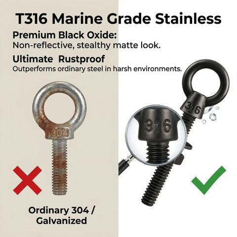 Comparison of T316 Marine Grade Stainless with black oxide finish vs ordinary 304 galvanized eye bolt.