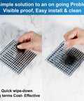 Applying Disposable Shower Drain Hair Catcher Mesh Stickers 25 Pack Large 4.1 Inch Square Drain Covers to marble surface.
