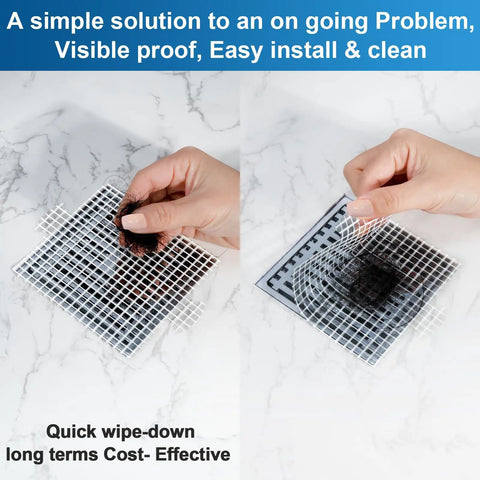Applying Disposable Shower Drain Hair Catcher Mesh Stickers 25 Pack Large 4.1 Inch Square Drain Covers to marble surface.