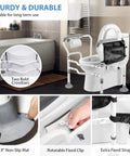 Heavy Duty Freestanding Toilet Safety Rail For Seniors And Disabled Adjustable Height And Width Sturdy Carbon Steel Frame With Wide Arms No Slip Stability Supports Up To 350 Lbs Easy Setup For Bathroom Safety And Independence featuring strong crossbars and non-slip mat.