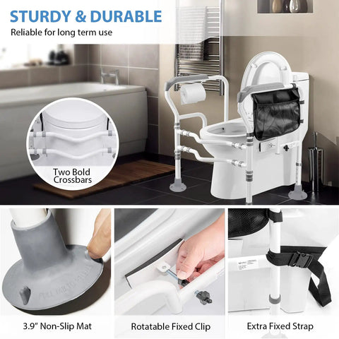 Heavy Duty Freestanding Toilet Safety Rail For Seniors And Disabled Adjustable Height And Width Sturdy Carbon Steel Frame With Wide Arms No Slip Stability Supports Up To 350 Lbs Easy Setup For Bathroom Safety And Independence featuring strong crossbars and non-slip mat.