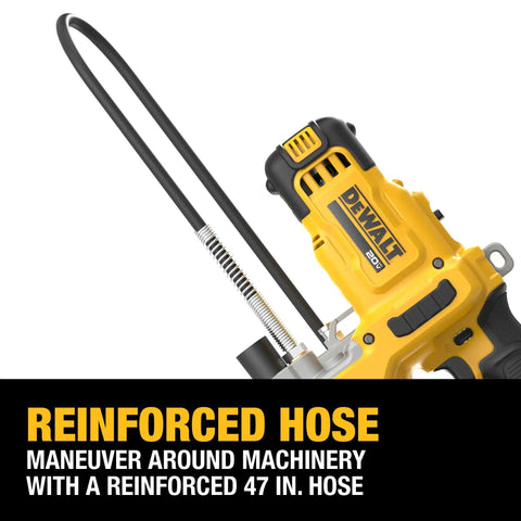 Cordless Grease Gun 20V Max, 10,000 PSI, 2-Speed Variable Delivery with 47 Inch reinforced hose visible, close-up view