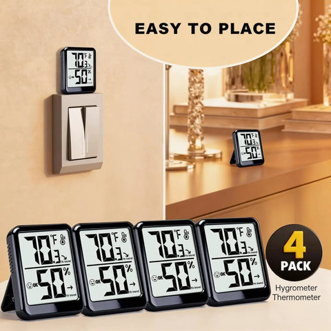 4 Pack Room Thermometer Indoor Hygrometer Humidity Gauge Meter With High Accuracy Temperature And Humidity Monitor Wet Ok Dry Icons For Easy Read Humidity Levels Perfect For Home Office Kitchen Nursery And Garage on wall and table