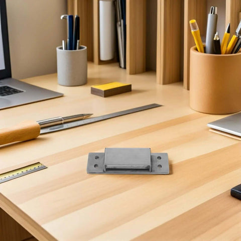 Concealed Hidden Door Hinges Five Inch Silver Adjustable Beefy Heavy Duty Square Flush Mount Hardware on wooden desk
