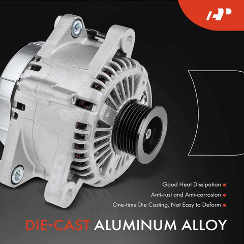 Alternator For Hyundai And Kia Vehicles 2006 To 2012 V6 3.3L 3.8L 12V 130A CW With 6 Groove Pulley Plug And Play Fits Sonata Santa Fe Sorento Sedona Azera Entourage Veracruz Borrego showing die-cast aluminum alloy construction