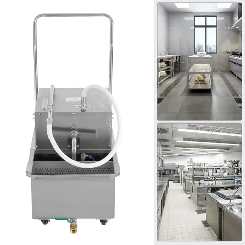 Pro Level Commercial Fryer Oil Filter Workhorse With Rolling Cart And Rugged Stainless Steel Tank showcasing front view with hose.