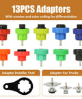 13 colorful adapters from 18 Pack Universal Radiator Pressure Leak Tester Kit For Automotive Coolant Systems On Cars Trucks And Motorcycles