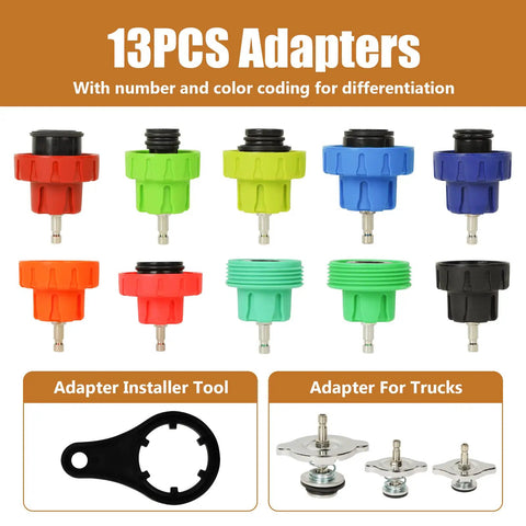 13 colorful adapters from 18 Pack Universal Radiator Pressure Leak Tester Kit For Automotive Coolant Systems On Cars Trucks And Motorcycles