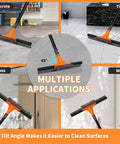Heavy Duty 2-In-1 Floor Squeegee Workhorse With 16-Inch Rubber Blade And 6-Inch Scrub Brush shown cleaning various surfaces.