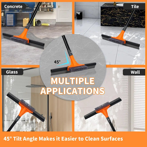 Heavy Duty 2-In-1 Floor Squeegee Workhorse With 16-Inch Rubber Blade And 6-Inch Scrub Brush shown cleaning various surfaces.