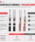 Heavy Duty Premium 10AWG 4 Pin DTP Wire Connector Kit Drop In Ready Harness Featuring UL3266 Rating and IP68 Seals comparison of crimping quality.