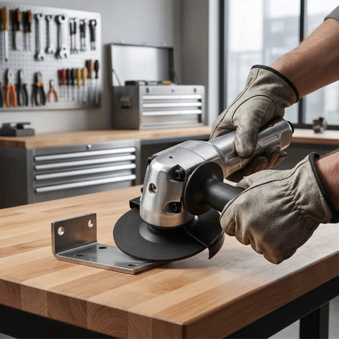 Person using 5 Inch Pneumatic Angle Grinder Polisher 11000 RPM Air Tool for cutting metal bracket on a workbench