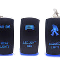 3 Pack Rocker Switch Kit With Laser Sasquatch Lighted Toggle, Blue LED Accent, showing rear lights, LED light bar, Sasquatch lights.
