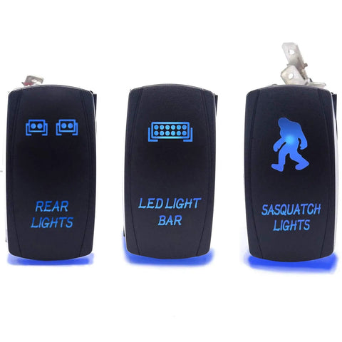 3 Pack Rocker Switch Kit With Laser Sasquatch Lighted Toggle, Blue LED Accent, showing rear lights, LED light bar, Sasquatch lights.