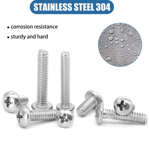Front view of stainless steel Phillips pan-head screws from a nuts and bolts assortment kit.