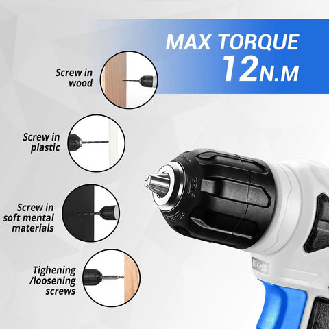 8V Cordless Drill Kit With LED Light, 126 Piece Home DIY Tool Set For Women, close-up of drill showing max torque 12Nm and uses