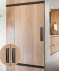 Wooden door with 2 Pack 6 Inch Sliding Barn Door Handles And Rectangular Pocket Door Pulls In Matte Black, bathroom background