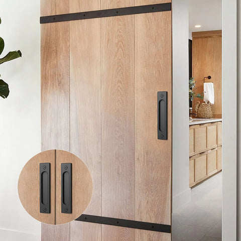 Wooden door with 2 Pack 6 Inch Sliding Barn Door Handles And Rectangular Pocket Door Pulls In Matte Black, bathroom background
