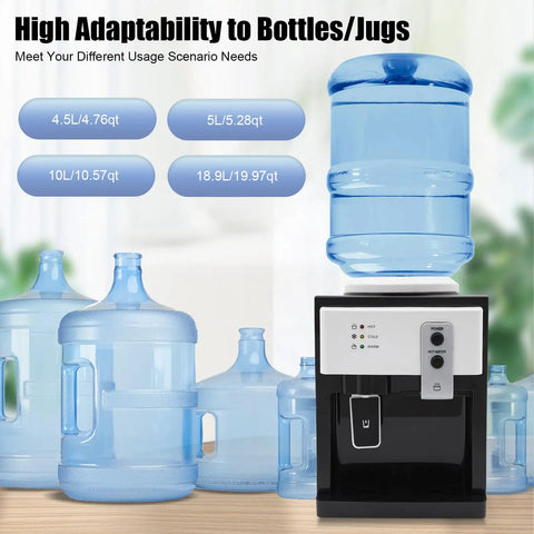 Countertop Water Dispenser With Top Loading For 1.2 To 5 Gallon Jugs, Three Temperature Settings Cold Hot Warm, Your Everyday Home Office Dorm Water Cooler With Black Finish next to assorted water jugs