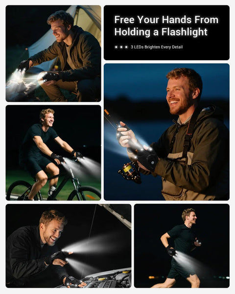 Rechargeable Flashlight Gloves For Men Ultra Bright 3-Finger LED Waterproof Finger Lights For Camping Fishing And DIY Repairs in use.