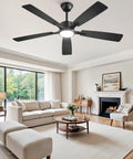 Slick 52 Inch Ceiling Fan With Flat Out Bright Light Smart App Control Dimmable Lamps in a modern living room setting.