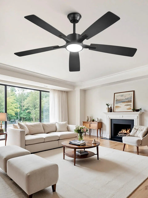 Slick 52 Inch Ceiling Fan With Flat Out Bright Light Smart App Control Dimmable Lamps in a modern living room setting.