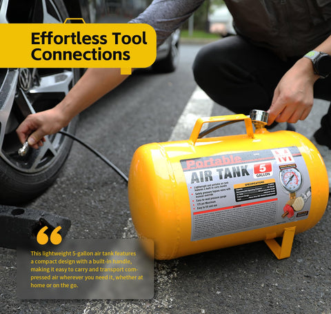 Portable Five Gallon Air Tank With Pressure Gauge And Safety Valve Lightweight Build With 40 Inch Hose For Easy Tool Connections Delivers Up To 140 PSI Great For DIY Projects At Home And On The Go being used to inflate car tire