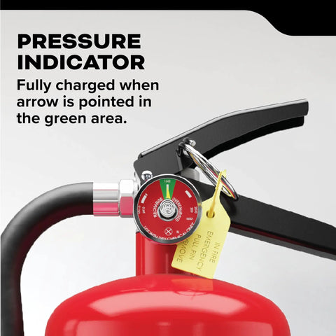 Pressure indicator on Pro Grade Fire Extinguisher For Office And School Use Rechargeable 4A60BC showing green for charged