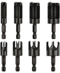 Rocaris 8-pack wood plug cutter drill bits with hex shanks, straight and tapered cutters, black finish