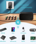Universal AC DC Power Adapter 12W with 8 tips 5.5x2.1mm and 5.5x2.5mm micro USB output shown powering various home devices