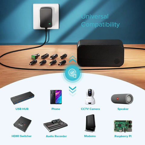 Universal AC DC Power Adapter 12W with 8 tips 5.5x2.1mm and 5.5x2.5mm micro USB output shown powering various home devices