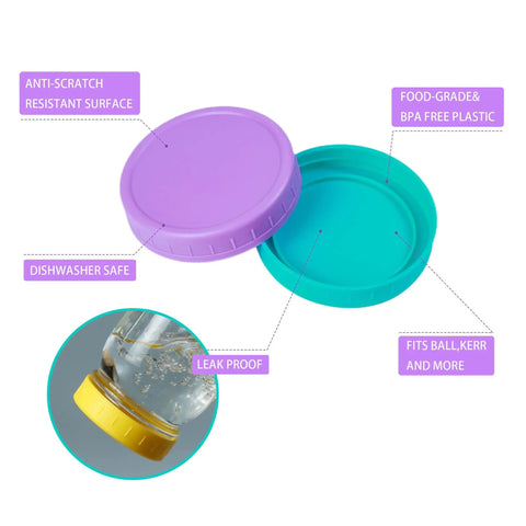 9 Gray Wide Mouth Mason Jar Lids With Silicone Ring 86mm Thickened Leakproof Plastic Covers Fits Ball Kerr And More For Preserving Food Sauces And Bulk Batch Storage Keepin It Fresh, purple and teal lids