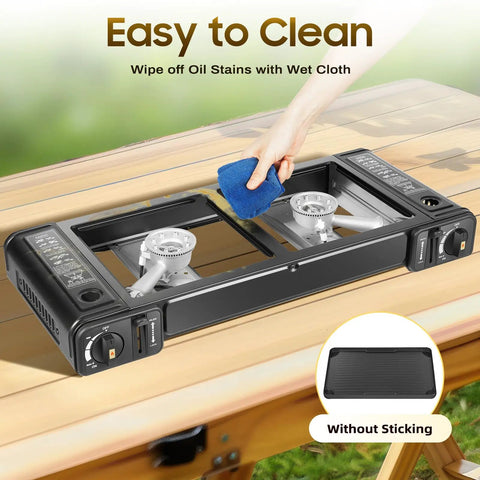 Two Burner Portable Propane Camping Stove With Double Auto Ignition Durable Dual LPG Butane Burner being cleaned