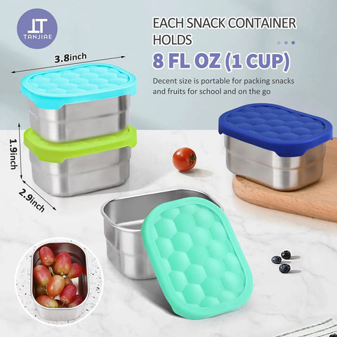 4-Pack 8oz Stainless Steel Snack Containers For Kids With Leak-Proof Silicone Lids shown with stackable design