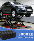 Four Pack Heavy Duty Solid Rubber Auto Lift Pads Anti Slip For Racks Jacks And Car Lifts With 3000 Lb Loading Capacity And Non Slip Textured Surface For SUVs Trucks And Most Cars; car on lift