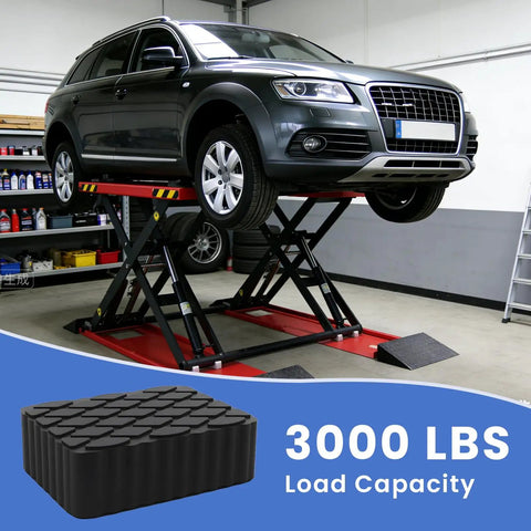 Four Pack Heavy Duty Solid Rubber Auto Lift Pads Anti Slip For Racks Jacks And Car Lifts With 3000 Lb Loading Capacity And Non Slip Textured Surface For SUVs Trucks And Most Cars; car on lift