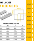 10 Ton Hydraulic Crimping Tool Kit With 9 Dies For 12 AWG To 2/0 Battery Cables die set specifications chart.
