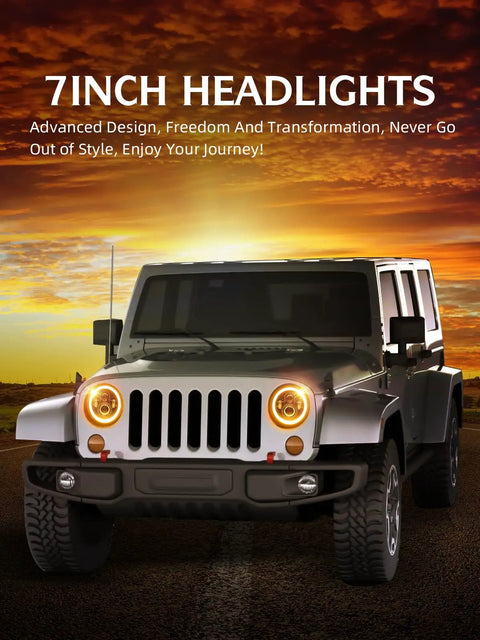 Jeep Wrangler with Rugged 7 Inch Round LED Headlights With DRL And Turn Signal DOT Approved