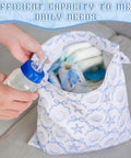 2 Pack Wet Bags Reusable Waterproof Wet Dry Bags For Travel Beach Pool Bathing Diapers Dirty Clothes Gym Gear With Zippered Pockets Sea Shell Blue And White Design 14.5 x 12.5 Inches Stroller Ready holding baby essentials.