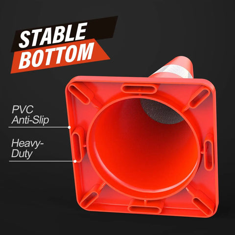Bottom view of 18 Inch Orange Traffic Cones 6 Pack with Handle, Reflective 360 Degree Collar, showing PVC anti-slip base