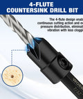 WORKPRO countersink drill bit set close-up, 4-flute tip, black shank with included hex key.