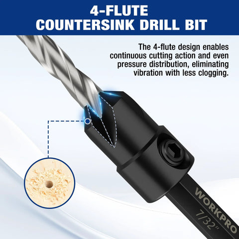 WORKPRO countersink drill bit set close-up, 4-flute tip, black shank with included hex key.