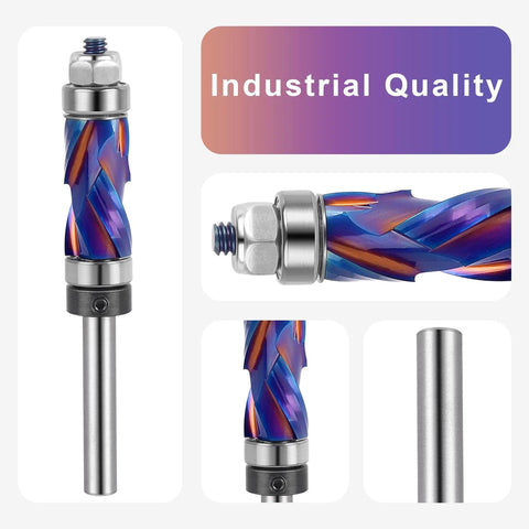 Coated Flush Trim Router Bit With 1/4 Inch Shank, 1/2 Inch Cutting Diameter, 1 Inch Cutting Length, Top And Bottom Bearing