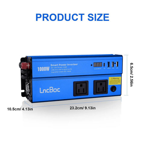 1000 Watt DC To AC Inverter With Dual 110V Outlets Smart Digital Display and Cigarette Lighter Adapter shown with product dimensions.