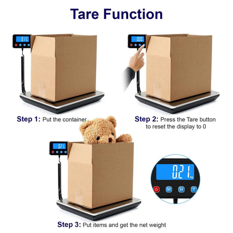 Digital Shipping Postal Scale 0.5 Oz Precision, 440 Lb Capacity For Packages demonstrating tare function with box and teddy bear.