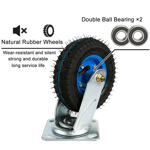 Heavy Duty Rubber Swivel Caster Wheels 6 8 10 Inch Pneumatic Quiet Rolling Utility Cart Casters With Reinforced Steel Hub close-up view showing natural rubber tire and dual ball bearings.
