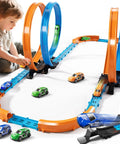 Epic Car Race Track Set for Kids Ages 3 To 12 With 45 Track Pieces And 4 Small Cars Dual Loop Tracks For Competitive Racing Perfect Gift For Boys And Girls, child playing on track