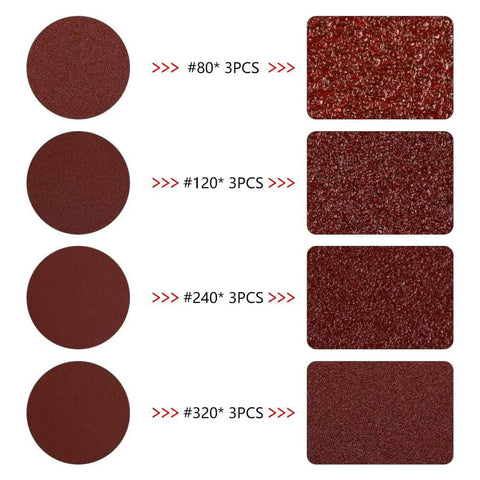 Set of sanding discs in different grits, labeled as #80, #120, #240, and #320, for use with 7 Inch Rotary Car Polisher With 1200W Motor.