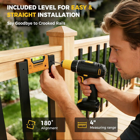 Man installing heavy duty 55 iron deck balusters 32 inch rectangular railing kit with built in level end caps using drill