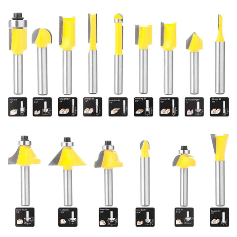 Router Bits Set With Fifteen Pieces One Quarter Inch Shank For DIYers Durable Steel Body Alloy Blades Anti Kickback Design